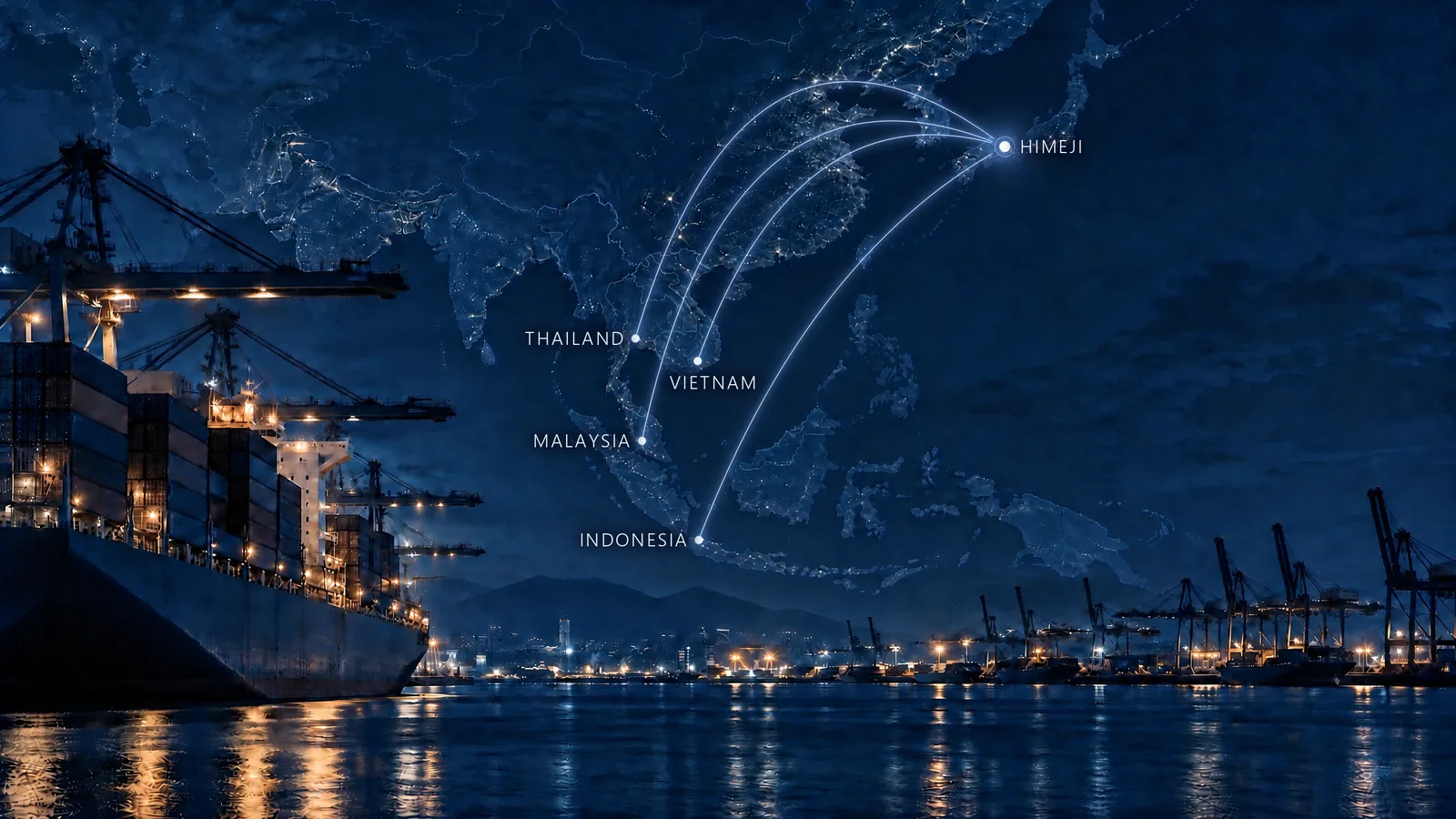 A map of Asia above a port at night, with routes from Himeji to Thailand, Vietnam, Malaysia and Indonesia (AI-generated image)