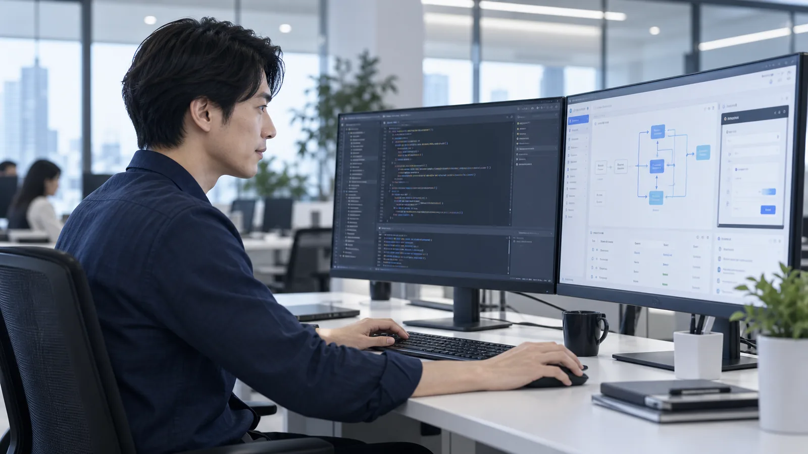 2台のモニターでシステム開発と業務フローを確認するスタッフ(AI生成のイメージ)